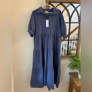 Neuflora Salzburg MIDI Dress Size Large Blue 100% Linen